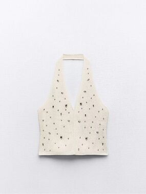 Zara Cream Halter Tank with Jewel Embellishments